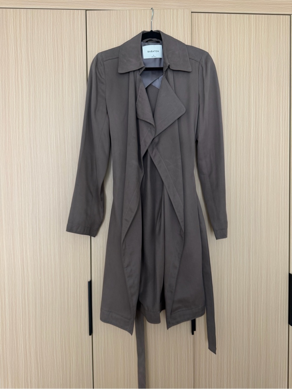 Babaton Taupe Drape-Front Trench Coat